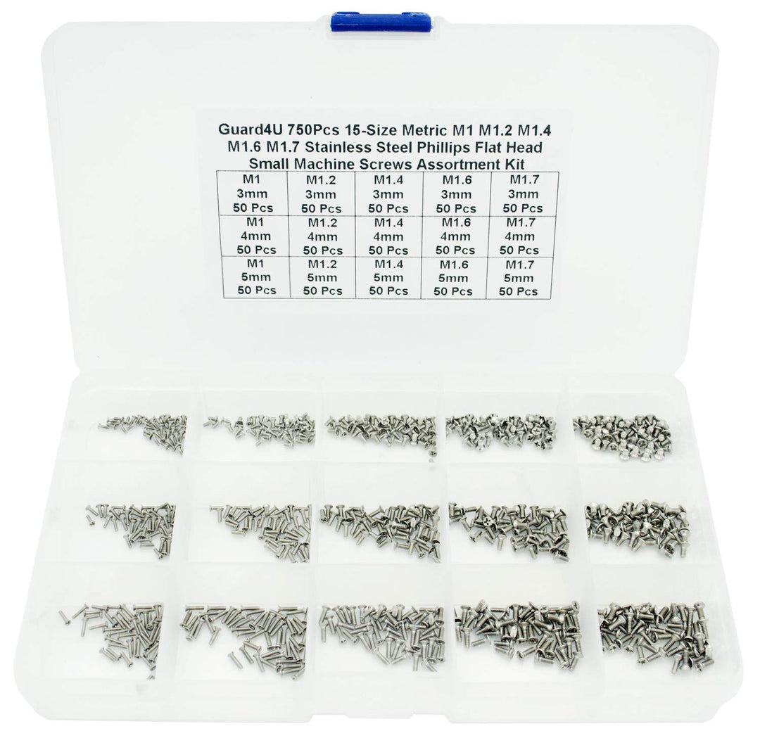 750Pcs 15-Size Metric M1 M1.2 M1.4 M1.6 M1.7 Stainless Steel Phillips Countersunk/Flat Head Small Machine Screws Assortment Kit