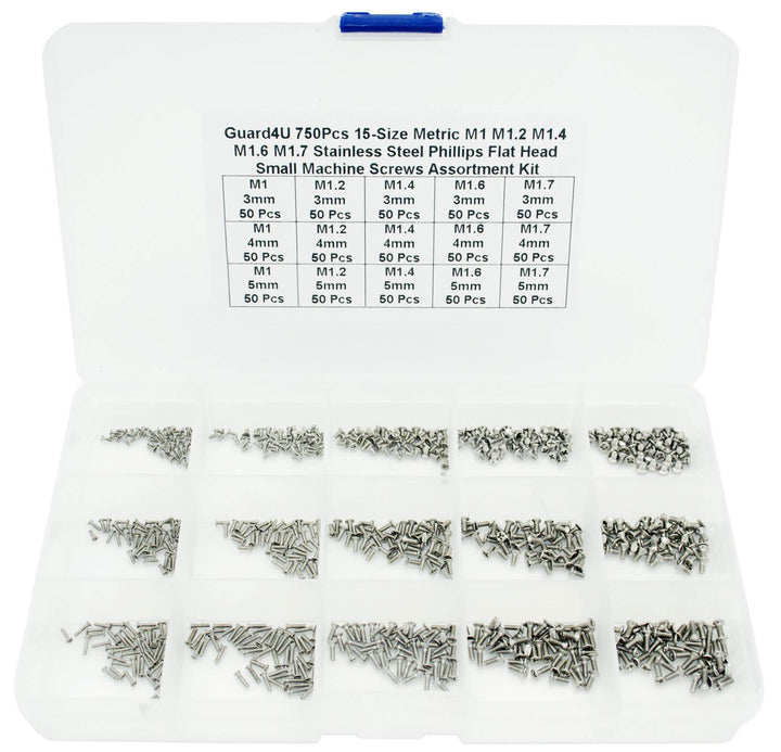 750Pcs 15-Size Metric M1 M1.2 M1.4 M1.6 M1.7 Stainless Steel Phillips Countersunk/Flat Head Small Machine Screws Assortment Kit