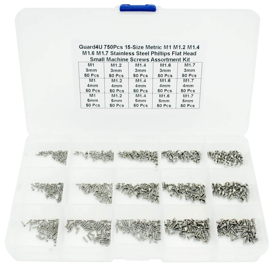 750Pcs 15-Size Metric M1 M1.2 M1.4 M1.6 M1.7 Stainless Steel Phillips Countersunk/Flat Head Small Machine Screws Assortment Kit