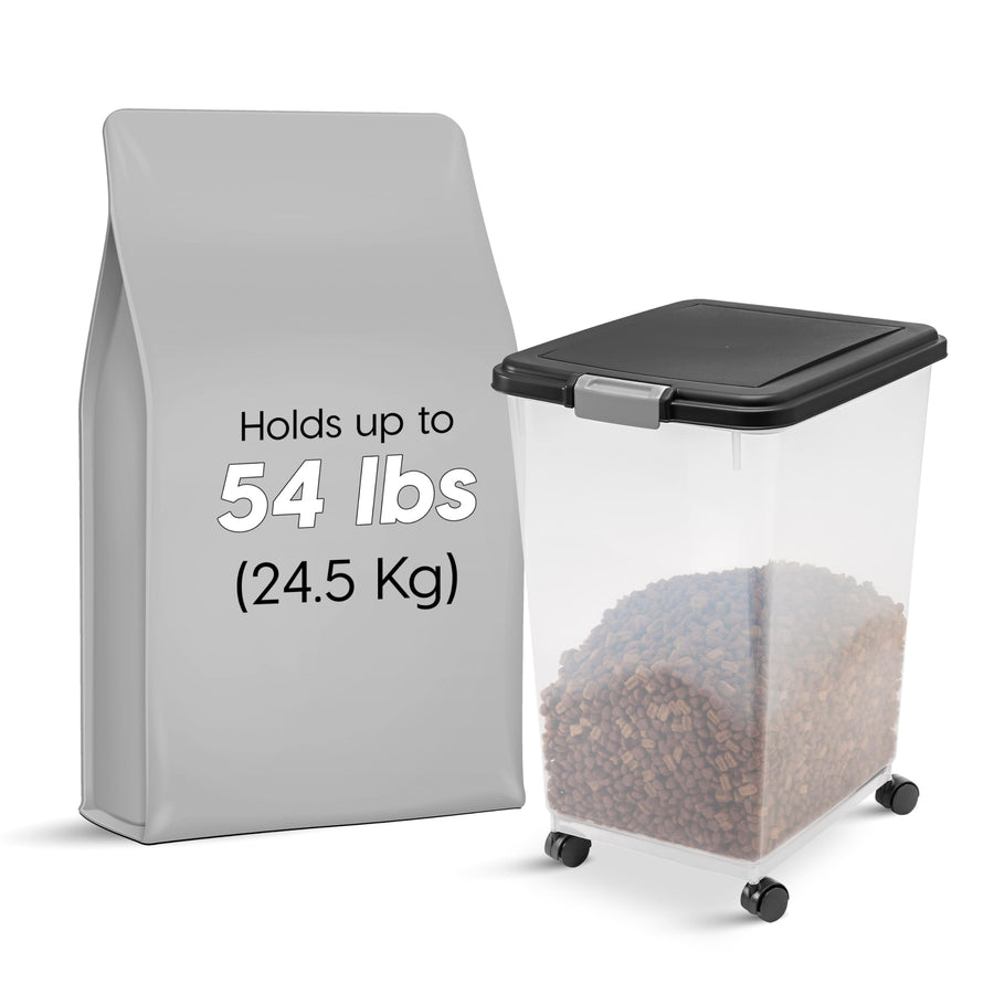 USA Airtight Dog Food Storage Container, Up to 54 lbs, Attachable Wheels, For Dog Cat Bird and Other Pet Food Storage Bin, Keep Fresh, Translucent Body, Easy Mobility, Black