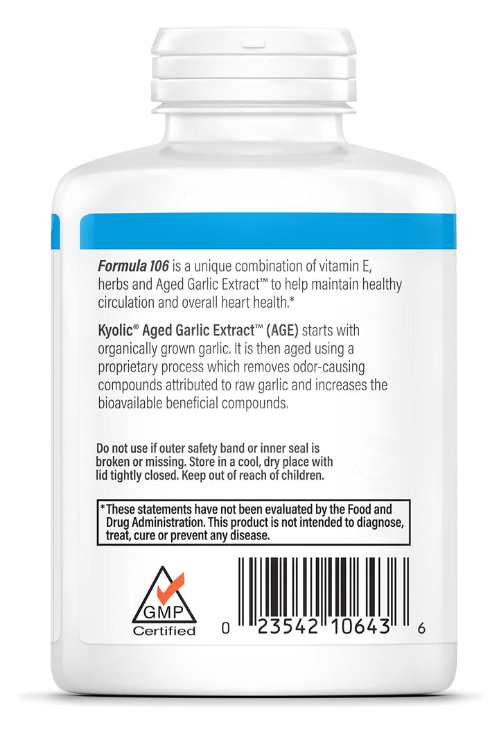 Aged Garlic Extract Formula 106, Circulation Health, 300 Capsules (Packaging May Vary)