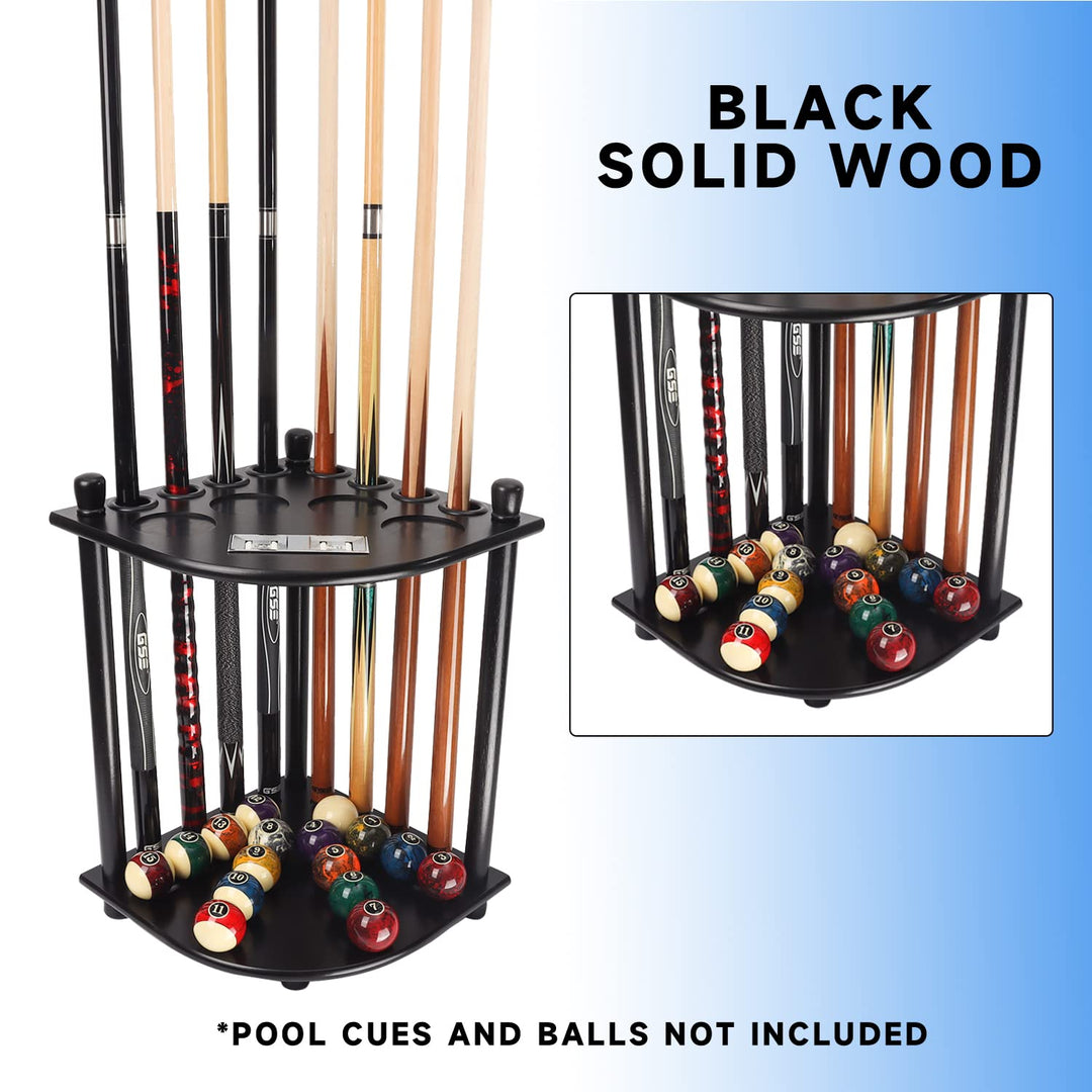 GSE Games & Sports Expert Billiards Pool Stick Holder Only, Corner-Style Floor Stand Billiard Pool Cue Racks with Score Counters, Holds 8 Pool Cue Sticks and a Full Set of Balls (Black)