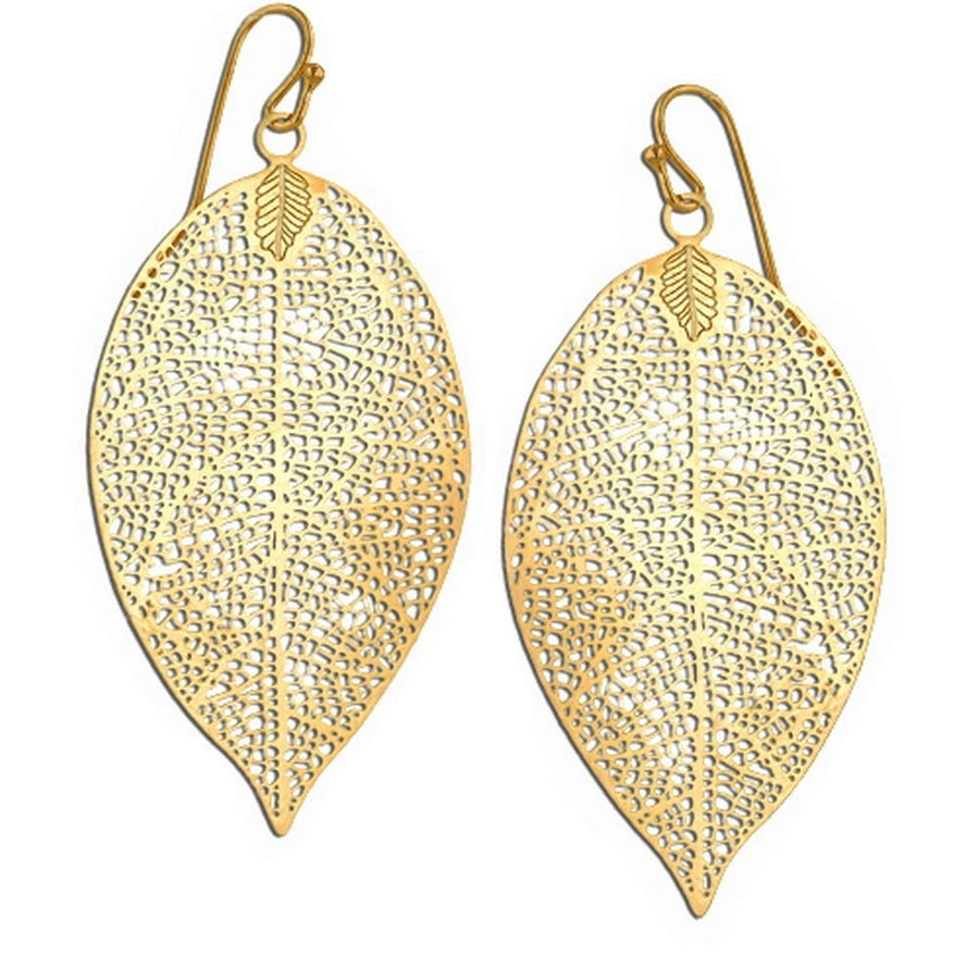 Large Brass Tree Leaf Dangling Earrings - Big Dangle Allergy Free Costume Jewelry for Girls & Women