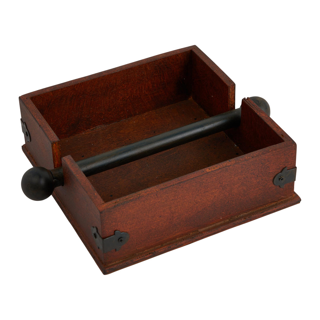 Square Wood Napkin Holder With Metal Bar, Large, brown