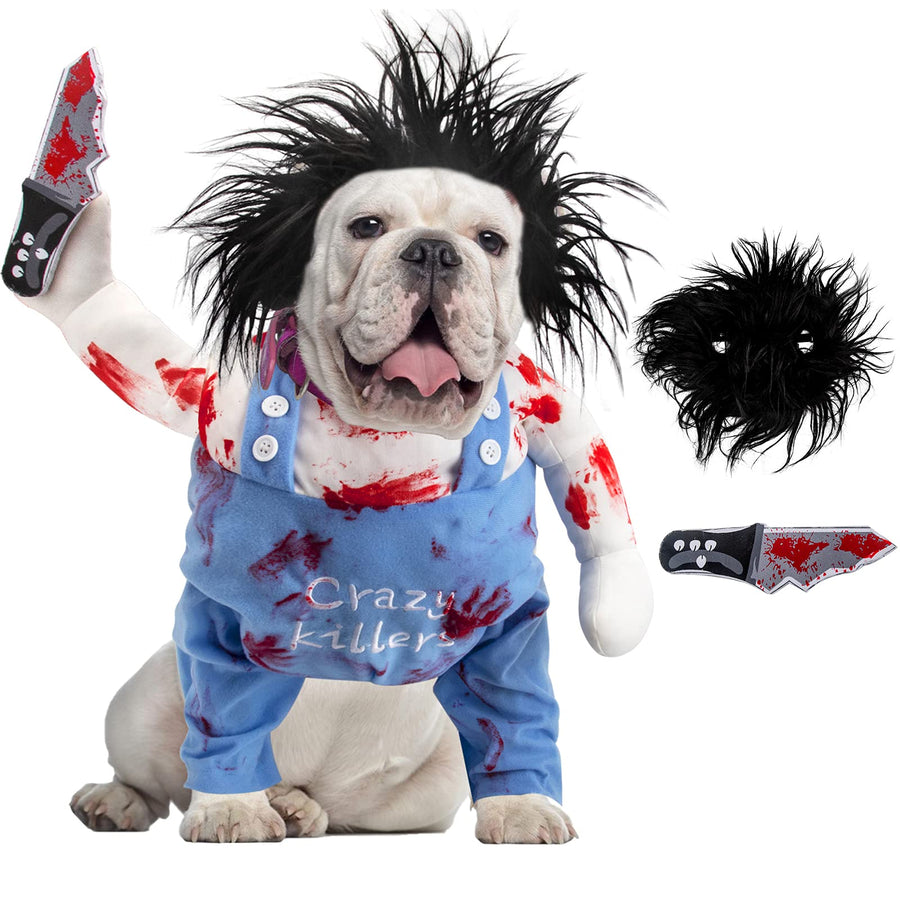Deadly Dog Clothes Dog Halloween Costume Pet Deadly Dog Costume, Adjustable Dog Cosplay Costume Funny Doll Wig Pug Dog Party Clothes Christmas Dog Deadly Costume with Blood Knife Medium