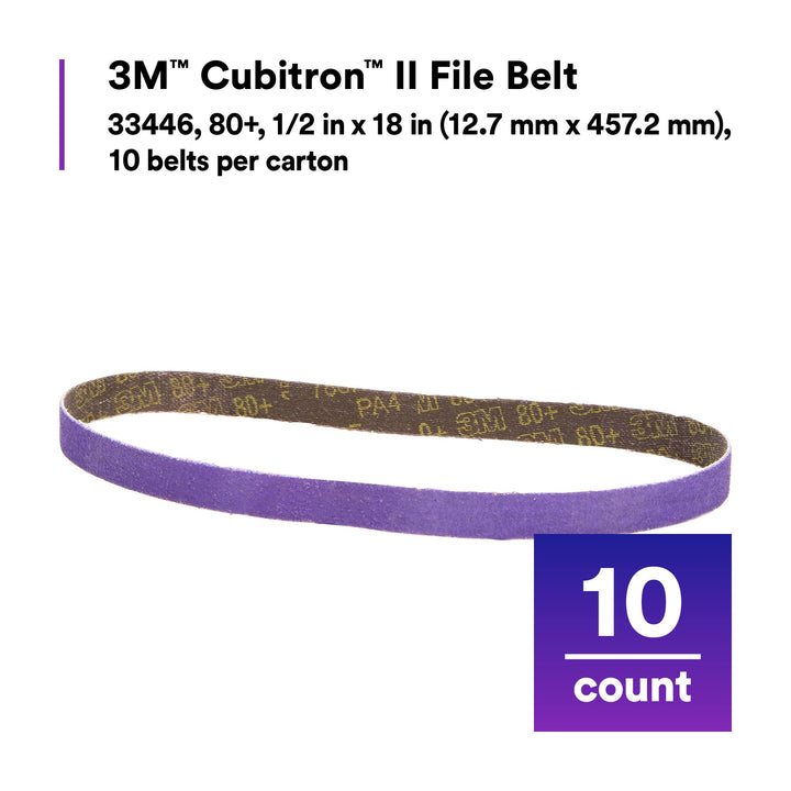 Cubitron II File Belt, 33446, 80+ Grit, 1/2 in x 18 in, File Belts, Resin Bonded, Spot Weld Removal, Pack of 10