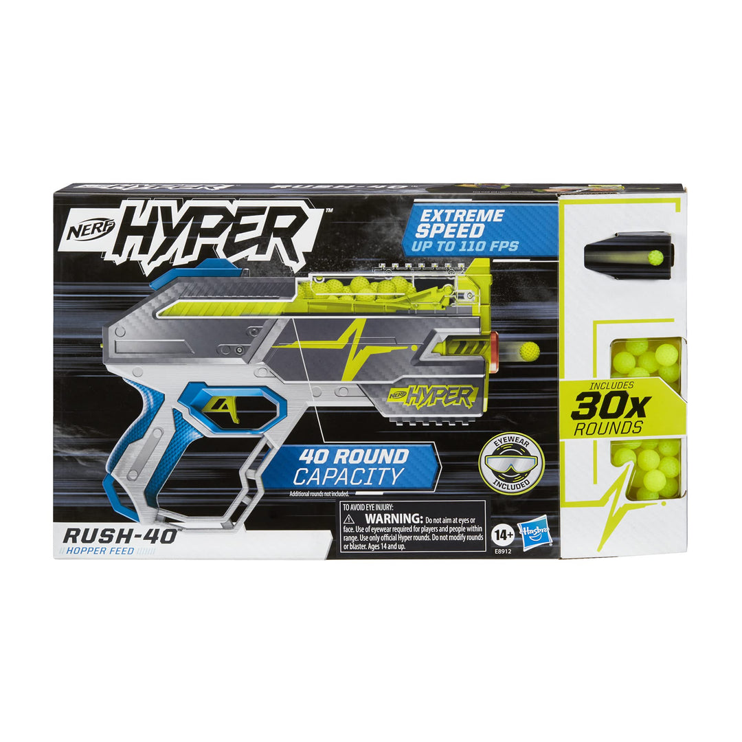 Hyper Rush-40 Pump-Action Blaster, 30 Hyper Rounds, Eyewear, Up to 110 FPS Velocity, Easy Reload, Holds Up to 40 Rounds