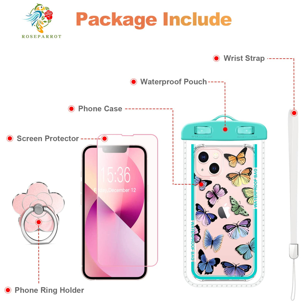 RoseParrot case for iPhone 13 with Screen Protector + Ring Holder, Clear with Floral Pattern Design, Soft&Flexible Bumper Shockproof Protective Cover (Fireflies)