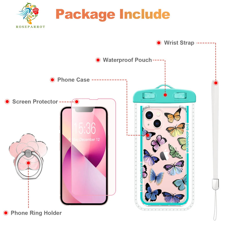 RoseParrot case for iPhone 13 with Screen Protector + Ring Holder, Clear with Floral Pattern Design, Soft&Flexible Bumper Shockproof Protective Cover (Fireflies)