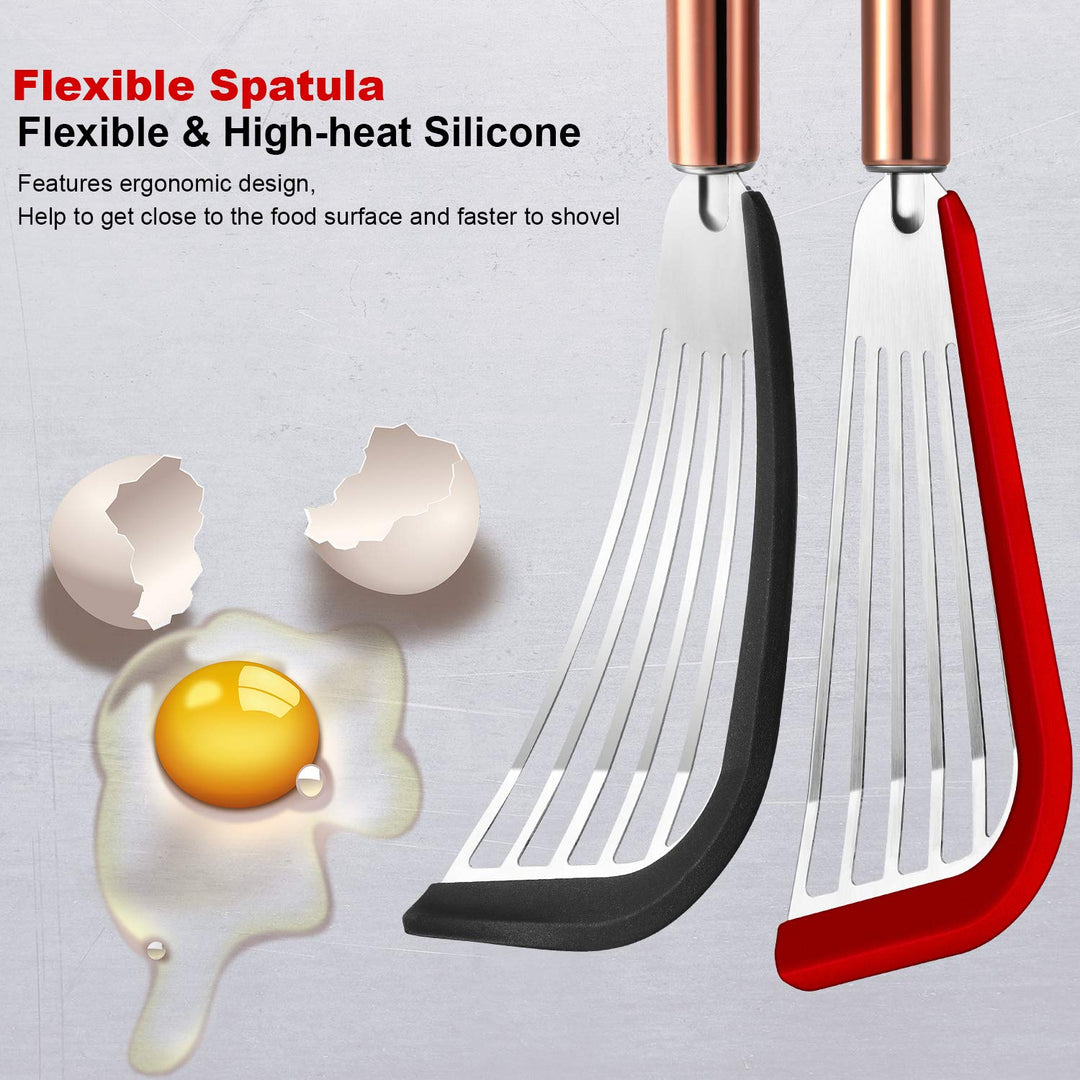 2 Pieces Slotted Spatula Flexible Stainless Steel Spatula with Silicone Top Soft Edge Slotted Spatula Turner with Golden Handle (Black and Red)