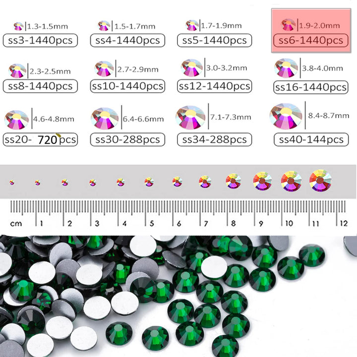 1440 Pieces SS6 Flatback Rhinestones, 2MM Flatback Nail Crystals, Glass Crystal Rhinestones for Craft Nails Dance Costumes, Non Hotfix Rhinestones (SS6 / 2MM, Green/Emerald)