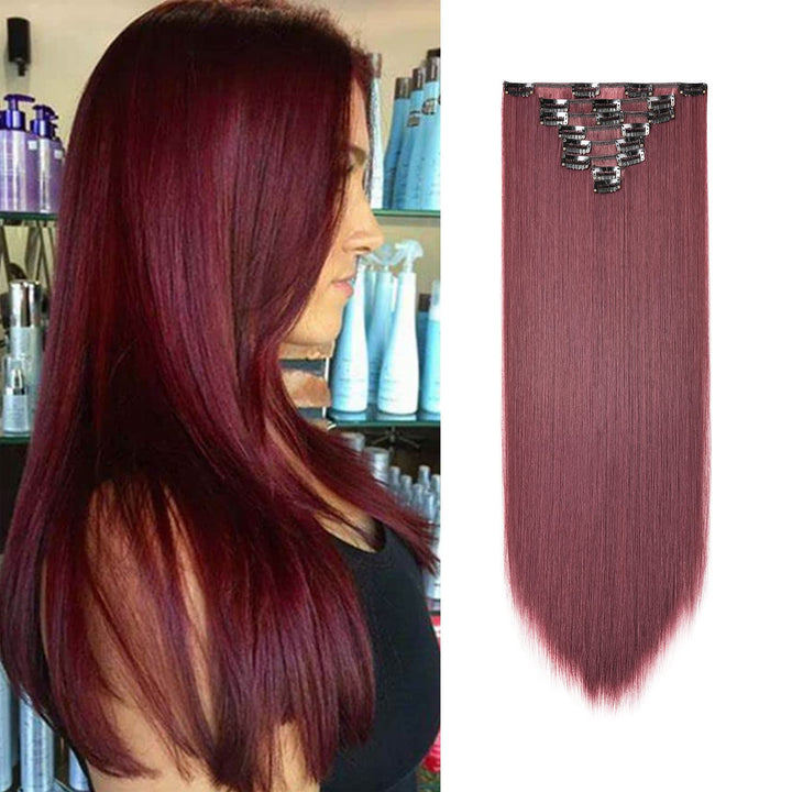 8PCS Clip in Hair Extensions Wine Red Burgundy Highlight Seamless Double Weft Hair Extensions Full Head 18 Clips Women Hairpiece 26 Straight Tangle-free Silky Soft Party Valentines