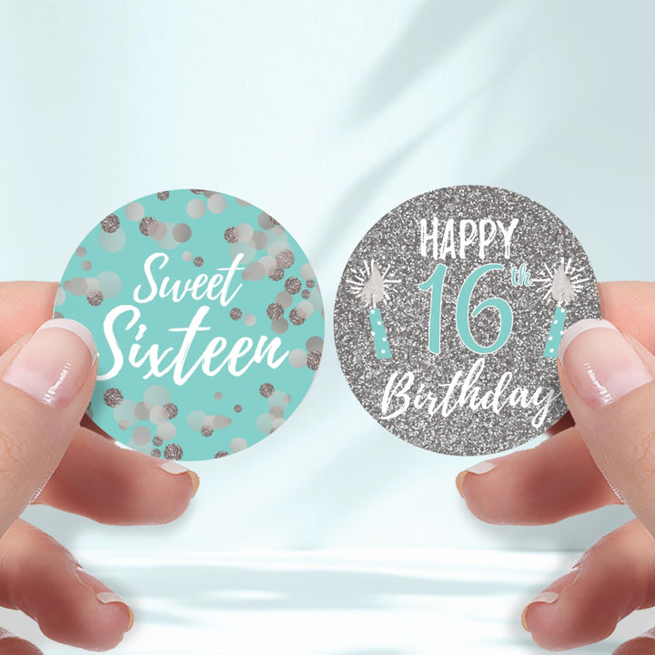 Sweet Sixteen 16th Birthday Favor Stickers, 1.75 in, 40 Labels (Blue and Silver)