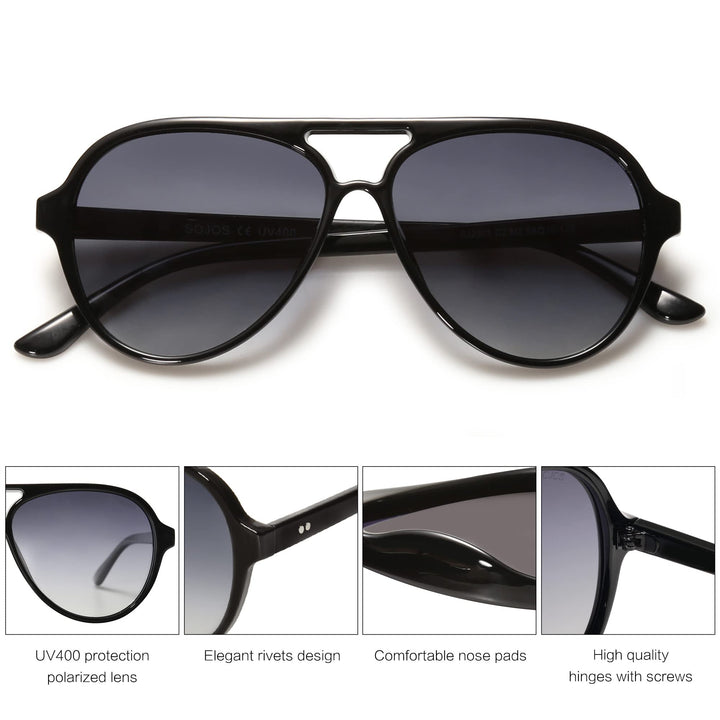 Classic Polarized Aviator Sunglasses Womens Mens Retro Double Bridge Aviators SJ2201, Black/Grey