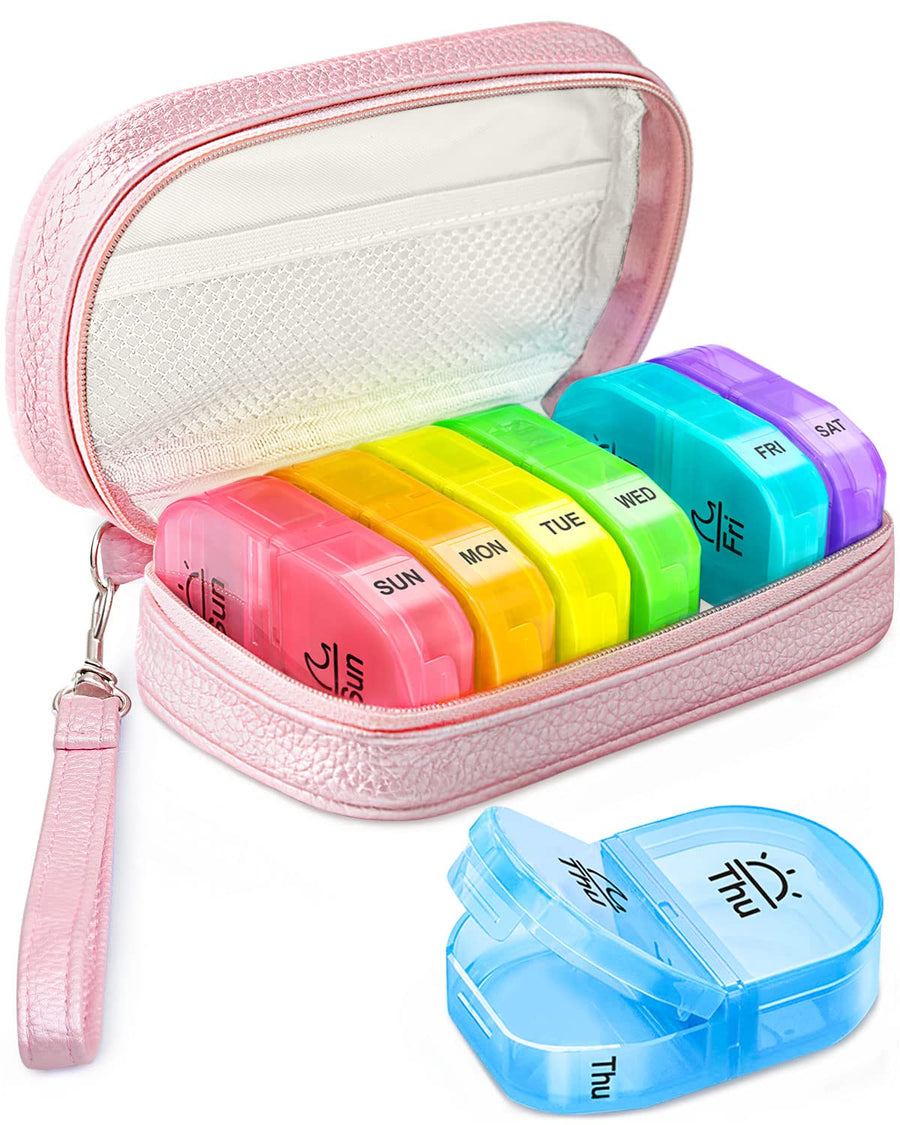Cute Pill Organizer 2 Times a Day, PU Leather Pill Case for Women, Portable Weekly Pill Box for Purse with Storage Bag to Hold Vitamins, Medications, Fish Oils, Supplements (Pink)