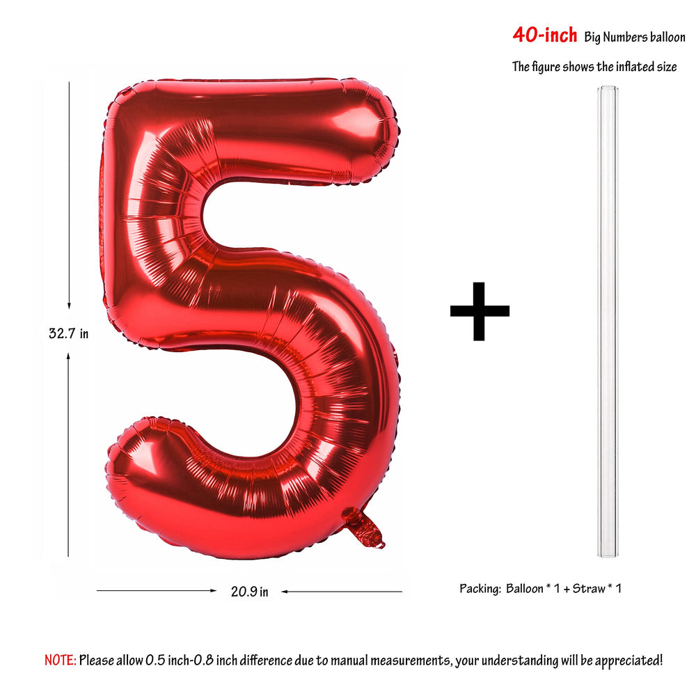 40 Inch Red Large Numbers Birthday Party Decorations Helium Foil Mylar Big Number Balloon Digital 5, 1 Piece