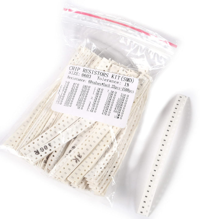1500PCS 0603 SMD Resistor Kit, 0 ohm -10M ohm 60 Values (Each Value 20pcs) 0.1W ±1% Tolerance SMD chip Fixed Resistor Assorted Kit (0603 SMD Resistor Kit)