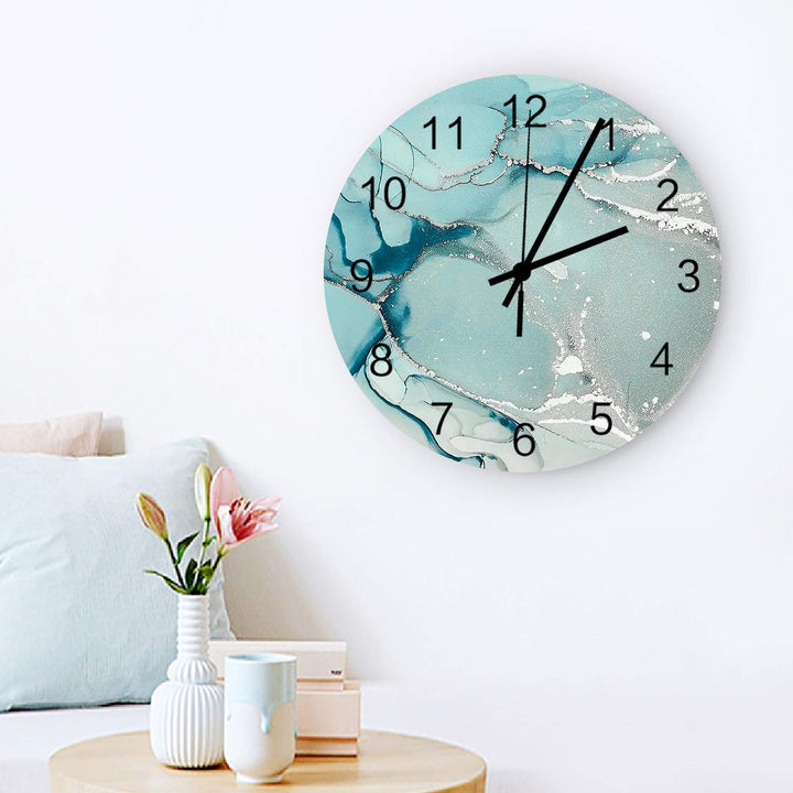 12 Inch Gradient Marble Round Wooden Wall Clock, Gradient Turquoise to Grey with Silver Stripes Wall Clock Battery Operated Abstract Wall Clock with Arabic Numerals for Living Room, Kitchen, Laundry