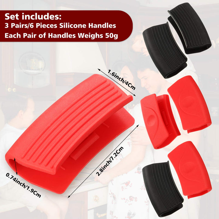 3 Pairs Silicone Assist Handle Holder Hot Handle Holder Sleeves Heat Insulated Pot Grip Scald-Proof Pan Grip Cover for Cast Iron Woks Frying Pans Griddles Skillets Oven Trays (Red, Black)