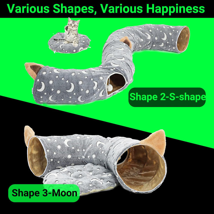 Cat Tunnel Bed Tube with Cushion and Plush Ball Toy Playground Crinkle Collapsible Self-Luminous Flannel Fabric 3FT for Large Cats Kittens Kitty Small Animals Puppy Grey Moon Star