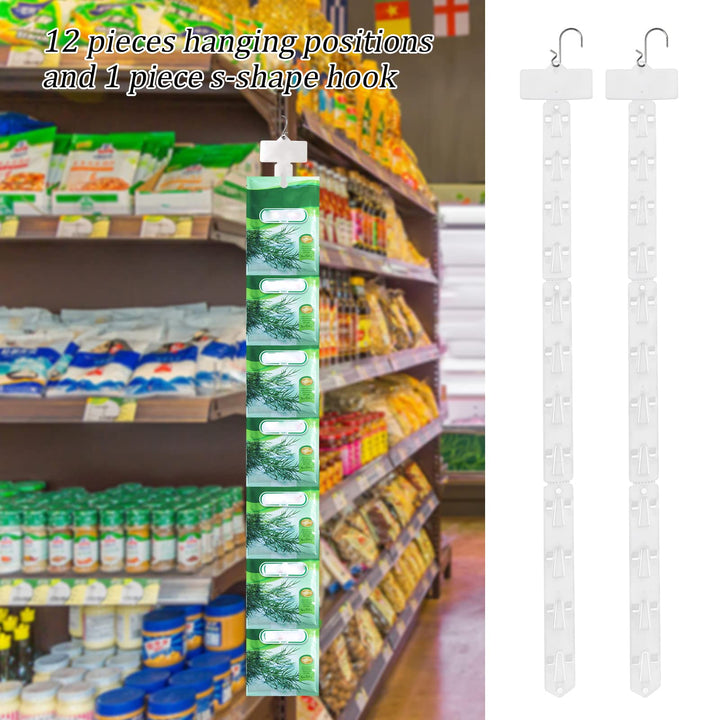 16 Pack Station Hanging Commodity Display Strips 24.7inch Plastic Station Display Hanging Strips Retail Candy Chip Bag Hanging Display Clip with Hooks & Label Header