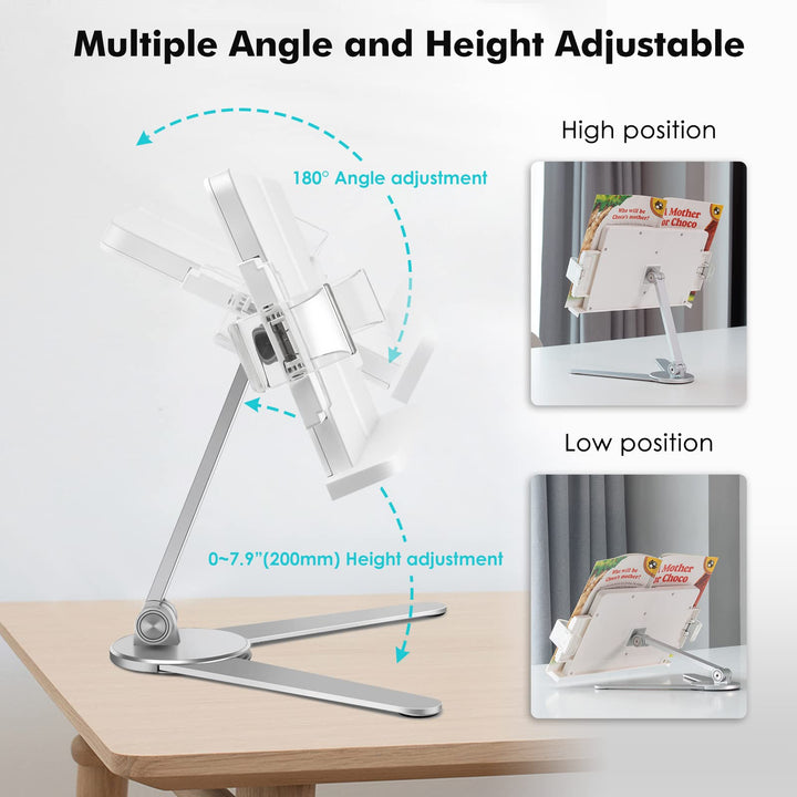viozon Book Stand,Cookbook Holder Desk Reading,Adjustable Height&Angle,Aluminum Alloy,Foldable&Portable,for Office,Kitchen,School,Kids&Adults Book,Recipe,Magazine,Tablet,Kindle,Silver