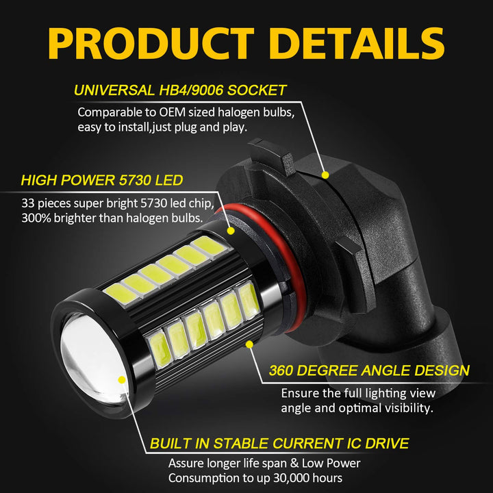 9006 HB4 9006LL 9006XS LED Fog Light Bulbs 6000K Xenon White, Super Bright 2800 Lumens 33-SMD Chips LED Daytime Running Lights DRL Bulbs Replacement for Cars, Trucks (Pack of 2)