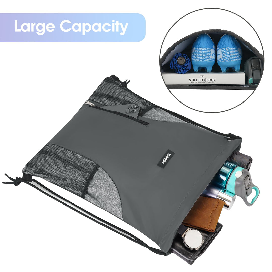 Drawstring Backpack Sports Gym Sackpack with Mesh Pockets Water Resistant String Bag for Women Men (Grey)