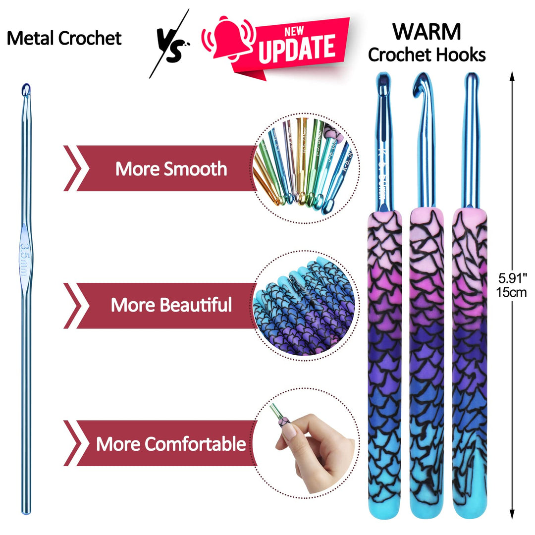 Warm Crochet Hooks, 9 Sizes 2.25 to 6.5mm Ergonomic Mermaid Extra Long Crochet Needles for Arthritic Crocheting Yarn Craft Set, Ideal Gift