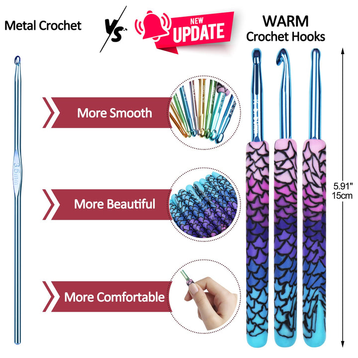 Warm Crochet Hooks, 9 Sizes 2.25 to 6.5mm Ergonomic Mermaid Extra Long Crochet Needles for Arthritic Crocheting Yarn Craft Set, Ideal Gift