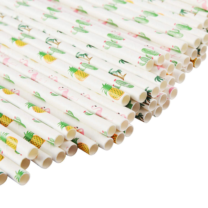 Hawaiian Tropical Party Paper Straws, Flamingo/Pineapple/Cactus/Coconut Tree Biodegradable Straws for Beach Cocktail Luau Decorations, Pack of 100
