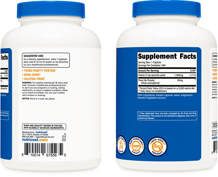 Vitamin C with Rose HIPS 1025mg, 240 Capsules - Vitamin C 1,000mg, Rose HIPS 25mg, Premium, Non-GMO, Gluten Free Supplement
