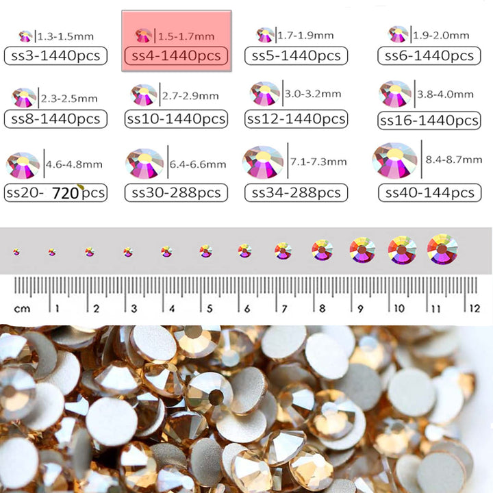 1440 Pieces SS4 Flatback Rhinestones, 1.5MM Mini Flatback Nail Crystal Rhinestones for Craft Dance Costumes, Non Hotfix Rhinestones (SS4 / 1.5MM, Golden Shadow/Champagne)