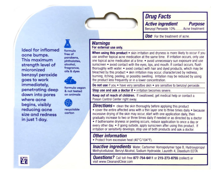 Clean & Clear Persa-Gel 10 Acne Medication Spot Treatment with Maximum Strength 10% Benzoyl Peroxide, Pimple Cream & Acne Gel Medicine for Face Acne with Benzoyl Peroxide Medication, 1 oz