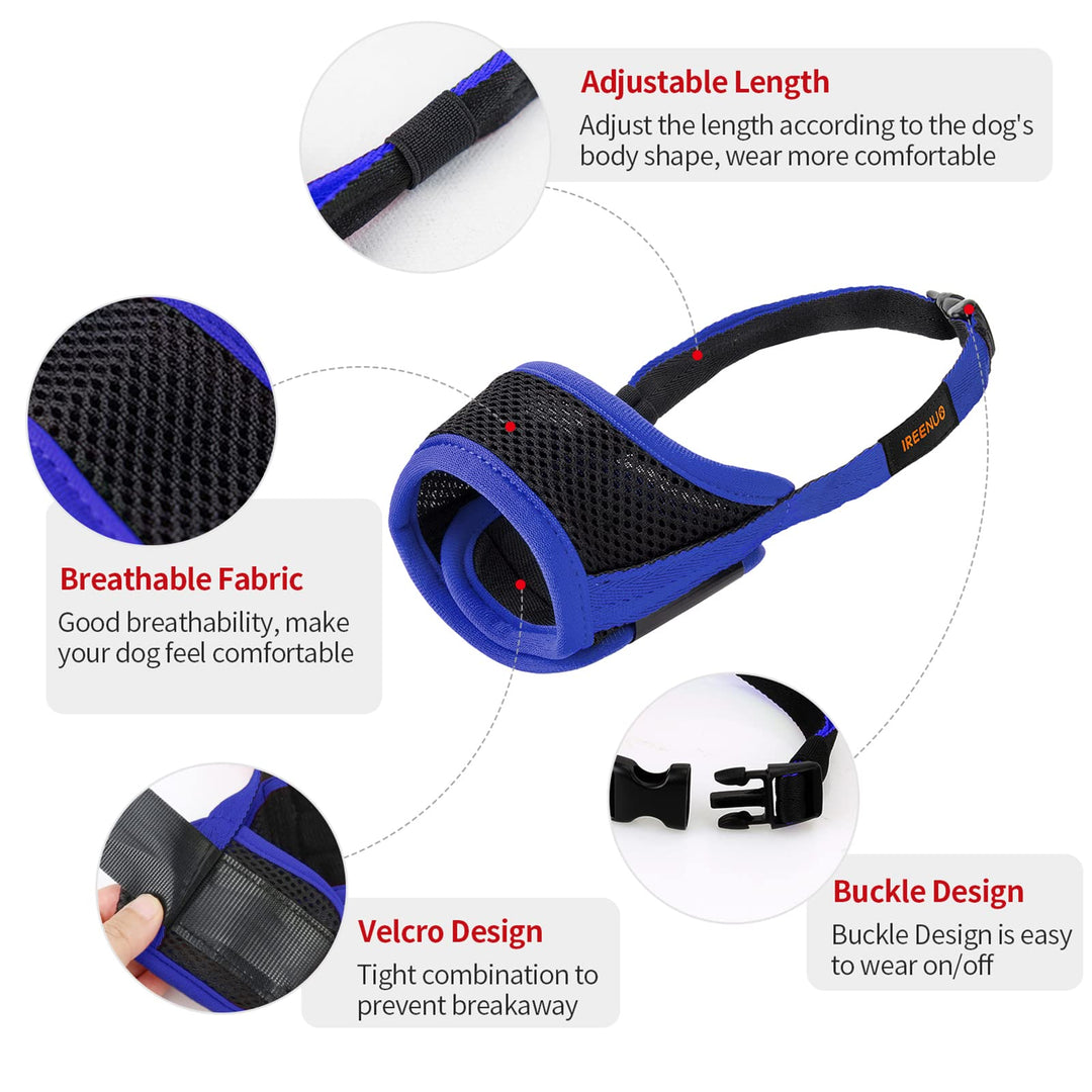 Dog Muzzle to Prevent Biting Barking and Chewing with Adjustable Loop Breathable Mesh Soft Fabric