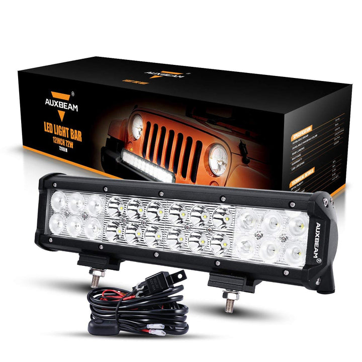 12 Inch LED Light Bar with Wiring Harness 72W 7200lm Light Bar Combo Beams 24pcs 3W Led Chips Waterproof Led Work Light for Truck Pickup Jeep SUV ATV UTV