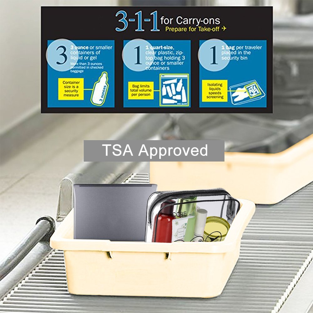 TSA Approved Toiletry Bag Clear Travel Cosmetics bag With Handle Strap Airline Kit Quart Size 3-1-1 Liquids Toiletries Organizer Carry-On Luggage Pouch for Women and Men (Black)