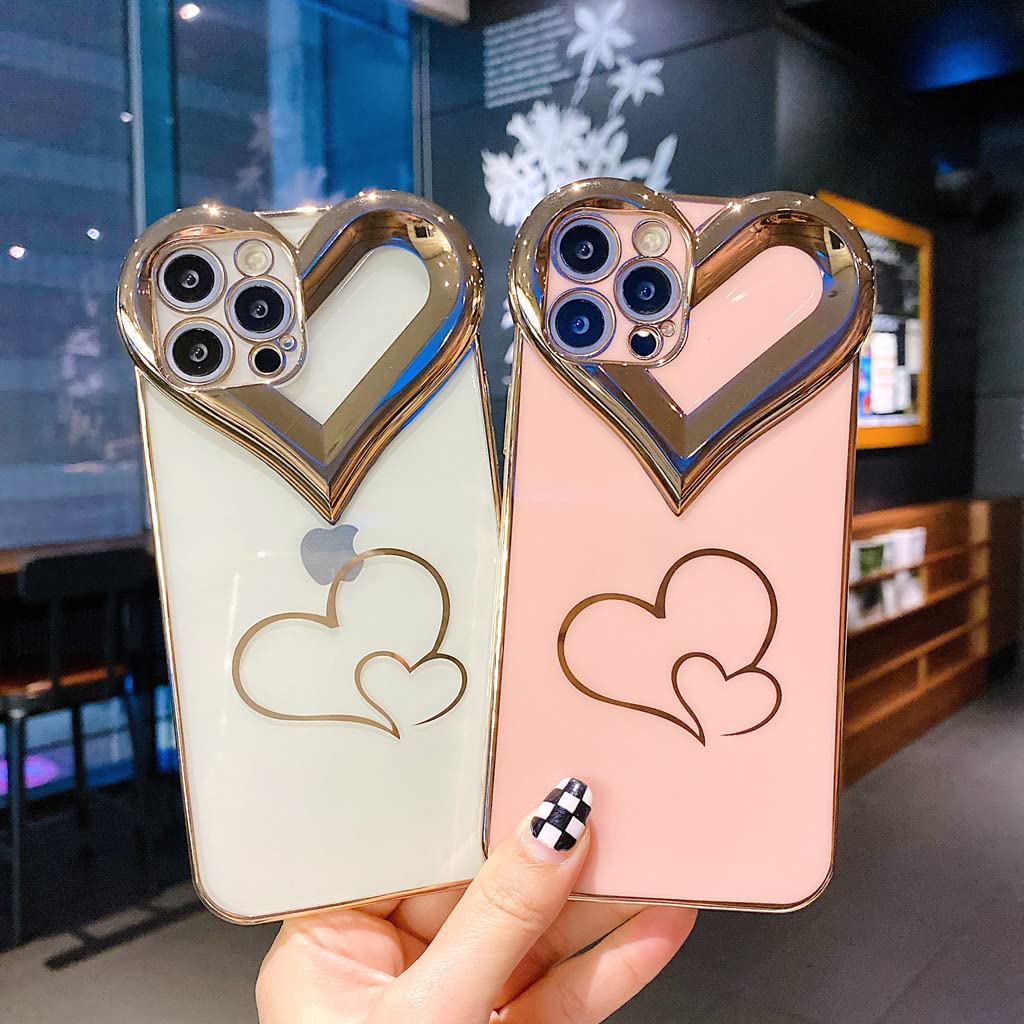 Compatible with Phone 13 Pro Max Cute Case, Plating 3D Love Heart Luxury Case for Women Camera Protective Soft TPU Girly Case Cover Design for Phone 13 Pro Max- 6.7 inch (Clear)