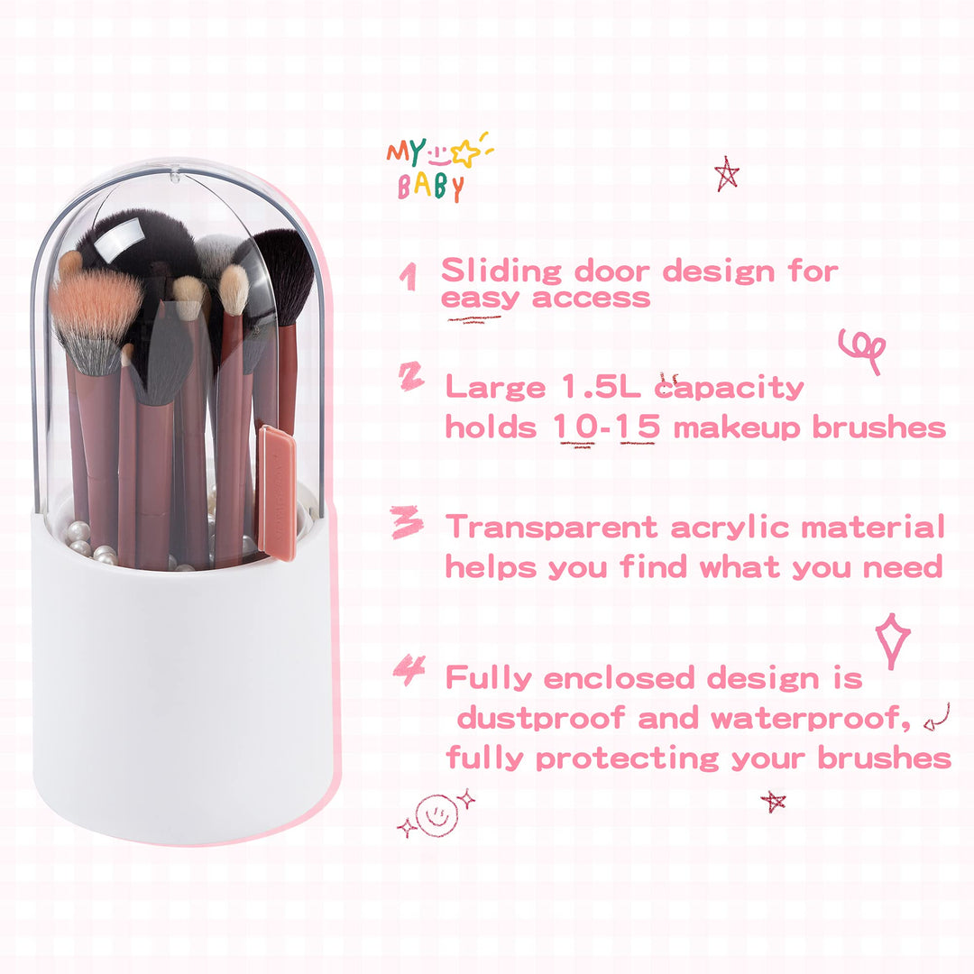 Makeup Brush Holder with Clear Lid and Brush Cleaser Sponge,Dust Proof Cosmetic Brushes Storage Display Water Proof for Vanity,Dresser Countertop
