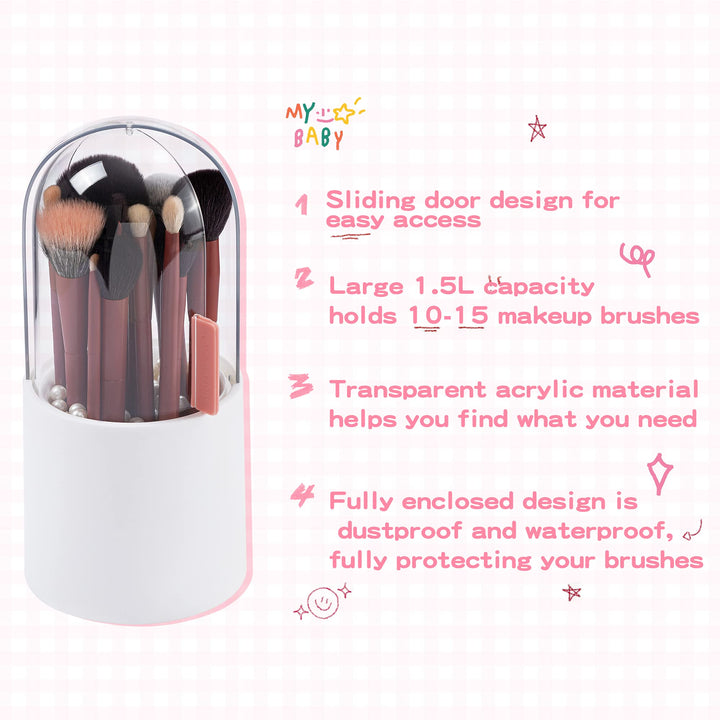 Makeup Brush Holder with Clear Lid and Brush Cleaser Sponge,Dust Proof Cosmetic Brushes Storage Display Water Proof for Vanity,Dresser Countertop