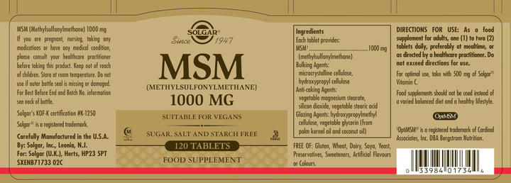 Solgar MSM 1000 mg - 120 Tablets - Supports Joints & Connective Tissue - Non-GMO, Vegan, Gluten Free, Dairy Free, Kosher, Halal - 120 Servings