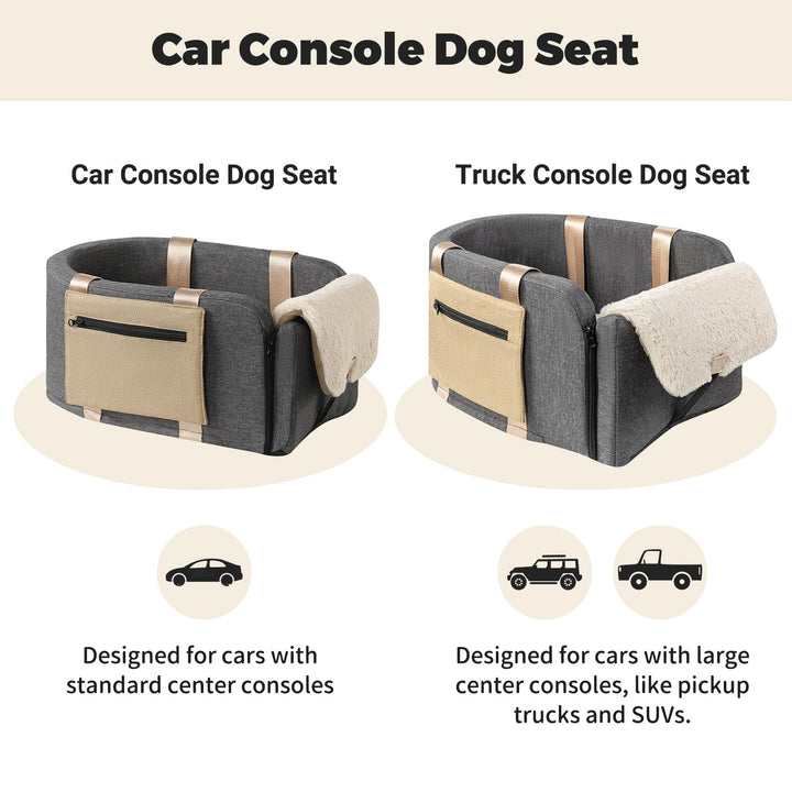 Portable Console - Dog Cat Booster Seat on Car Armrest, Washable Safety Tethers