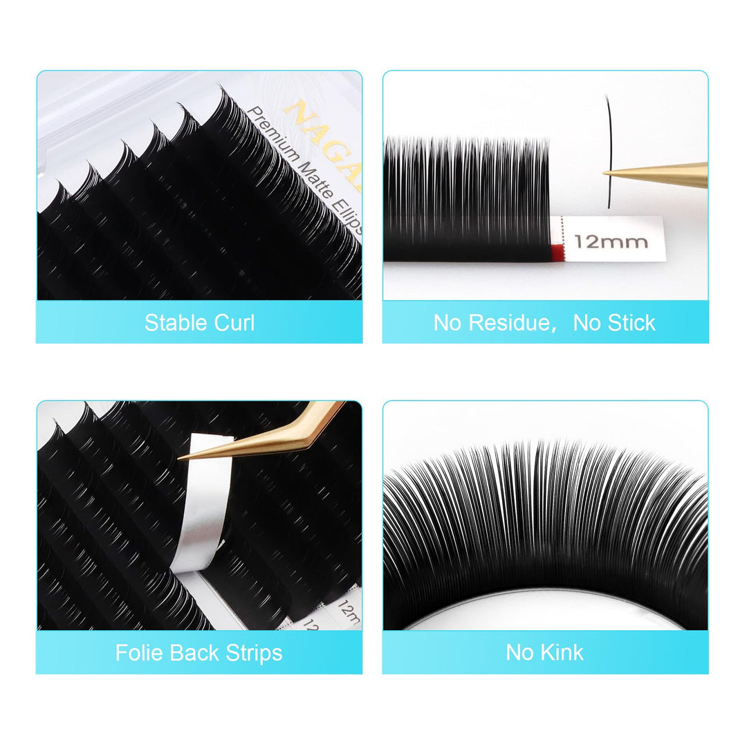 Ellipse Eyelash Extensions Flat Split Tips Individual Lash 0.15mm D curl 9mm Matte Black Faux Mink Classic Lash Supplies