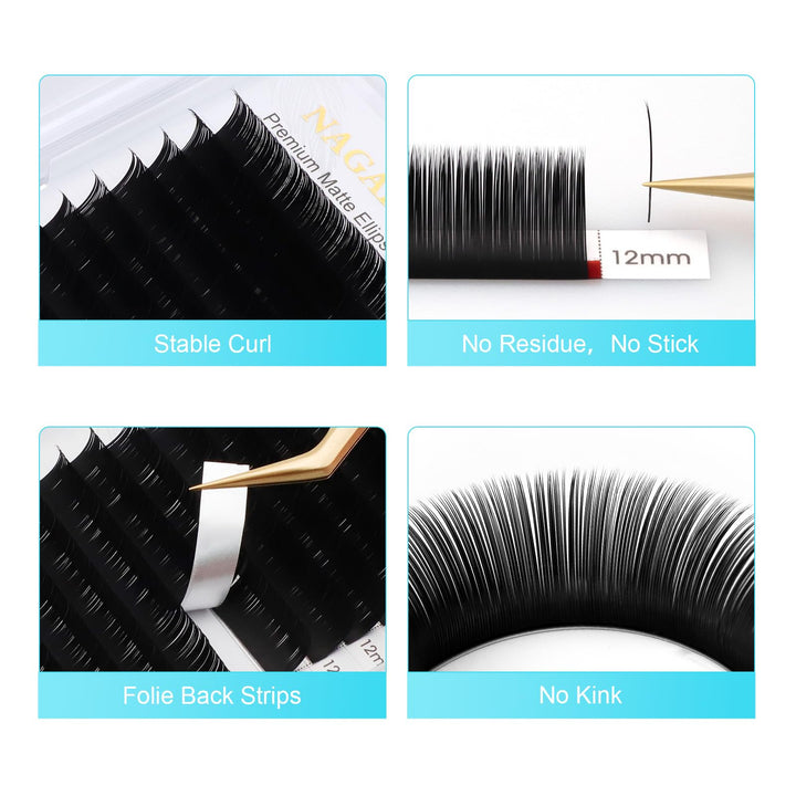 Ellipse Eyelash Extensions Flat Split Tips Individual Lash 0.15mm D curl 9mm Matte Black Faux Mink Classic Lash Supplies