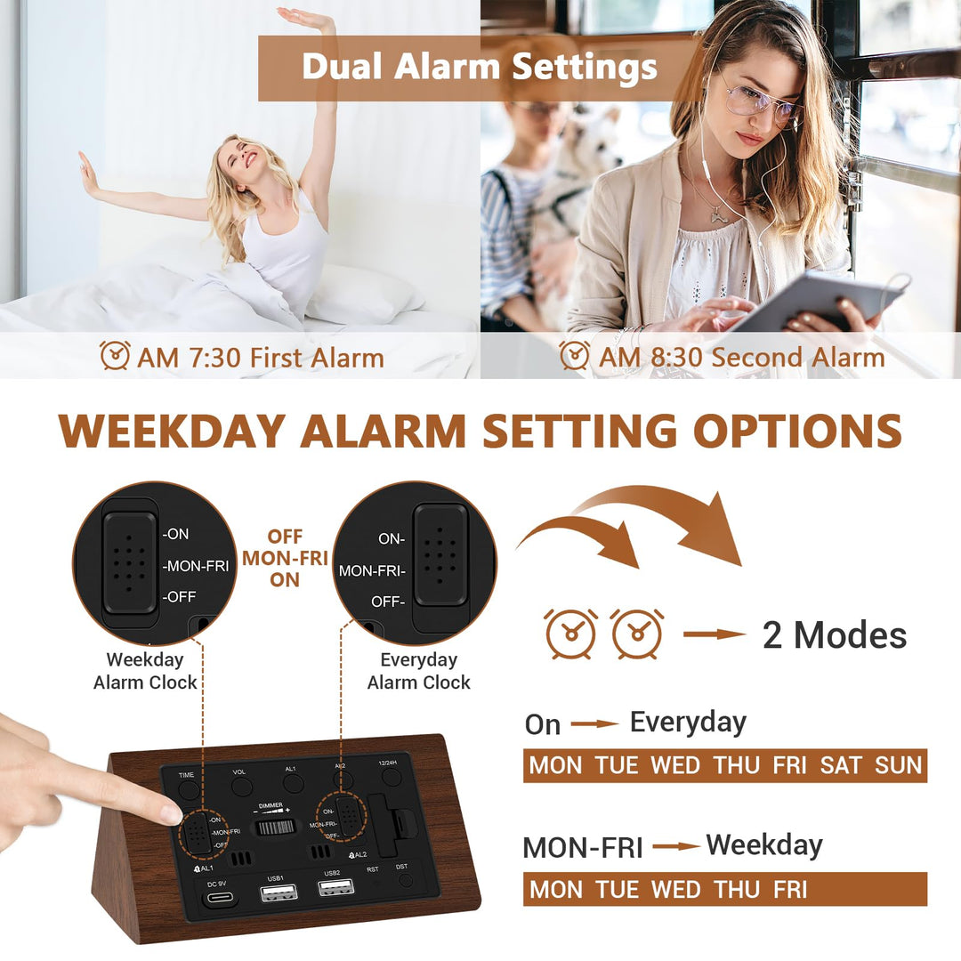 Wooden Digital Alarm Clock, 0-100% Dimmer, 2 Alarm Settings, Weekday/Everyday Mode, 9 Mins Snooze, 12/24H, Temperature and Date Display for Office, Travel, Bedroom Alarm Clock (Brown)