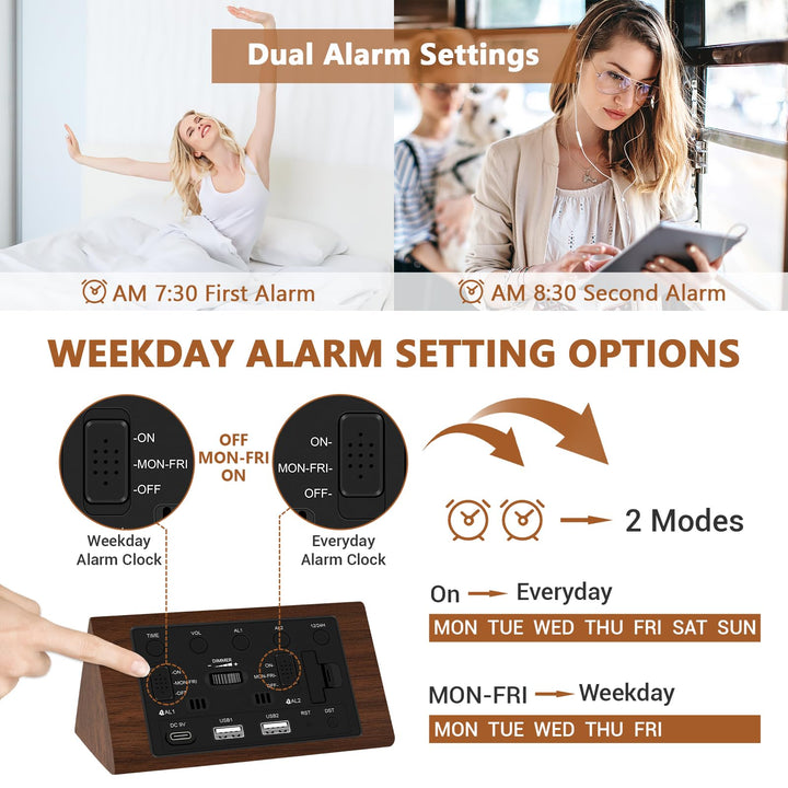 Wooden Digital Alarm Clock, 0-100% Dimmer, 2 Alarm Settings, Weekday/Everyday Mode, 9 Mins Snooze, 12/24H, Temperature and Date Display for Office, Travel, Bedroom Alarm Clock (Brown)