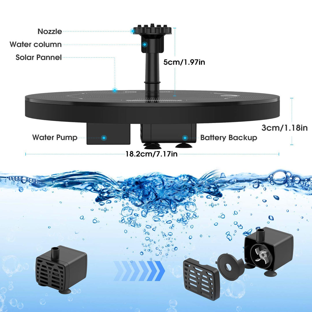 3.5W Solar Fountain Pump Built-in 1500mAh Battery, Solar Bird Bath Fountain with 6 Nozzles, Solar Floating Water Fountain Pump for Bird Bath, Fish Tank, Pond, Pool, Garden and Outdoor