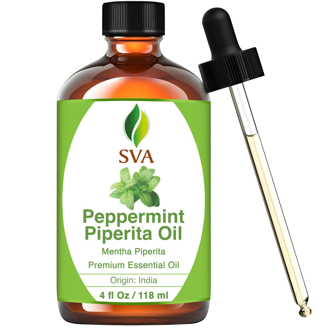 SVA Peppermint Piperita Essential Oil – 4 Fl Oz – 100% Natural Piperita Oil - for Diffuser, Hair Care, Face, Skin Care, Aromatherapy, Scalp and Body Massage, Soap and Candle Making - with Dropper