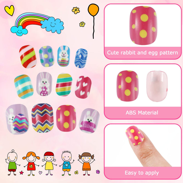 144 Pieces 6 Boxes Kids Easter False Nails Press on Pre Glue Full Cover Children Short Fake Nails False Fingernails for Easter Holiday Girls Nail Art Decoration (Animal Series)