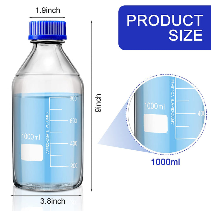 4 Pieces 1000 ml Glass Round Media Storage Bottles Storage Glass Bottles Borosilicate Media Glass Bottles with GL45 Blue Screw Cap for Lab Water Reagent Liquids